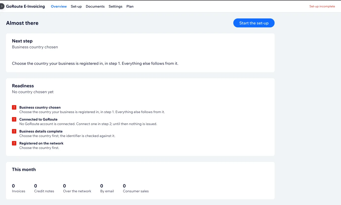 The app&rsquo;s Overview screen before set-up, headed Almost there, with four readiness checks — business country chosen, connected to GoRoute, business details complete and registered on the network — all marked as not done